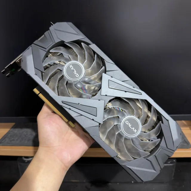 GALAX dual-fan graphics card photographed before packing