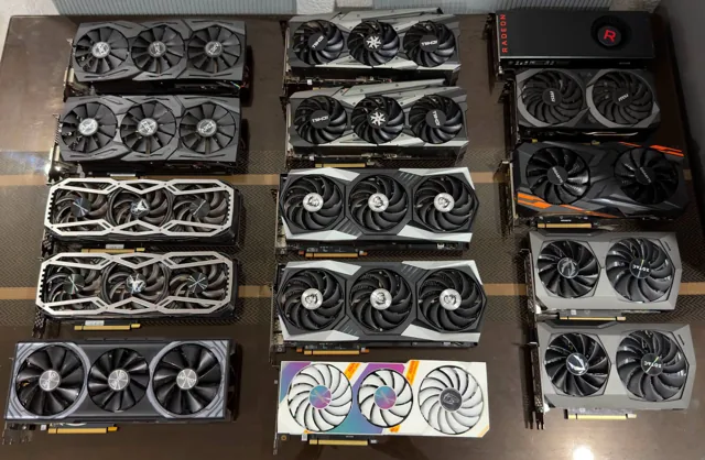 Graphics cards laid out for a shop stock photograph