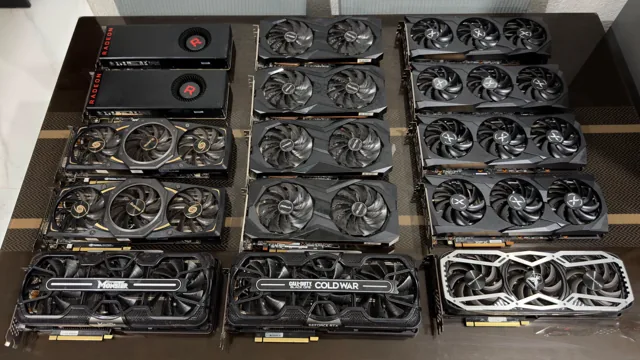 A lineup of graphics cards photographed at Peanut PC